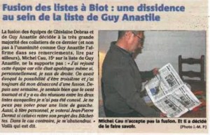 Nice-Matin édition Antibes 27 mars 2014 - Fusion des listes à Biot - Dissidence au sein de la liste de Guy Anastile