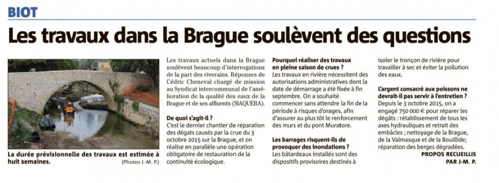 Travaux dans La Brague: pourquoi maintenant? - Nice Matin 19/10/2016.