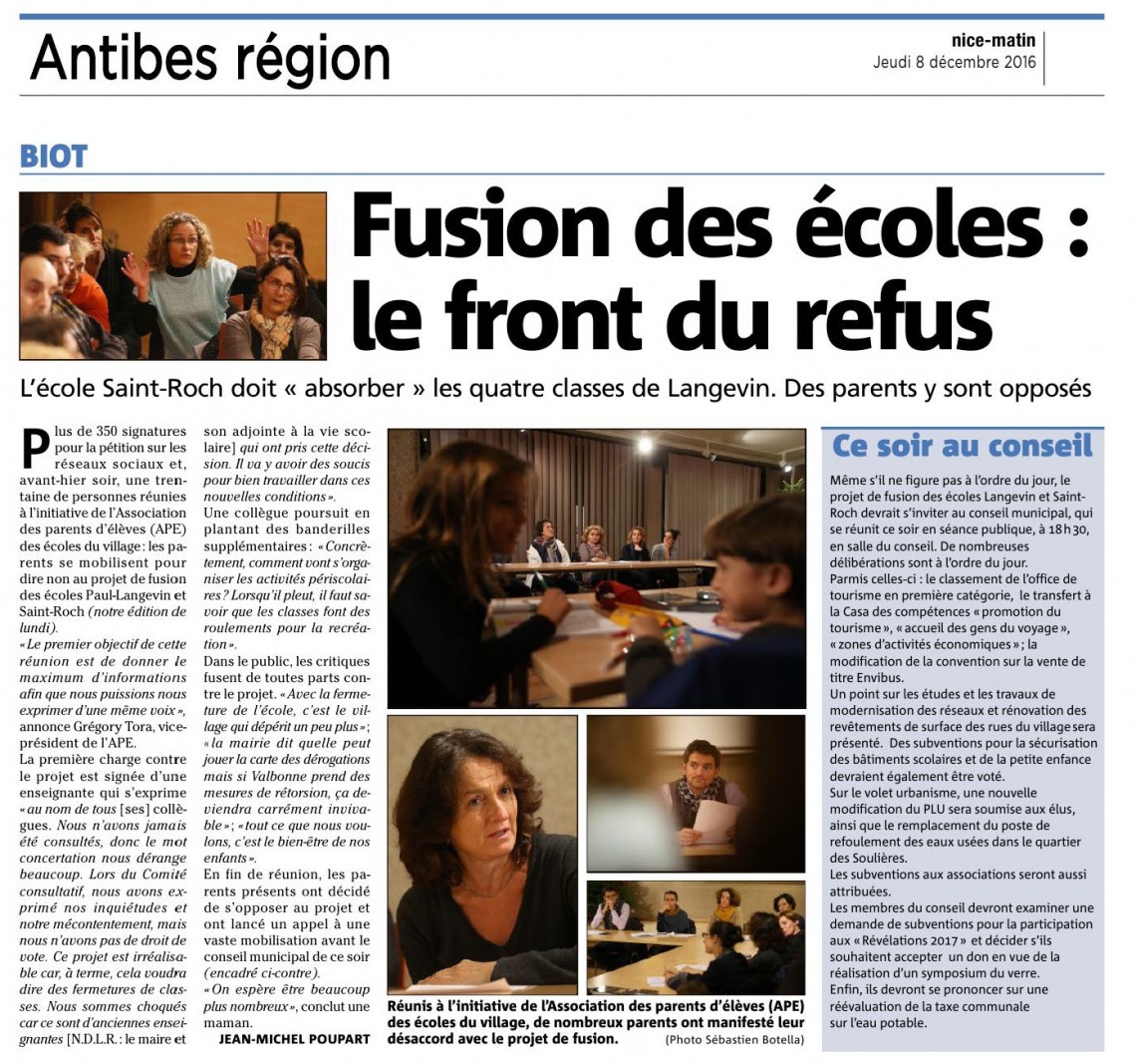 Mobilisation contre la fermeture de l'école Paul Langevin! - Nice Matin 08/12/2016