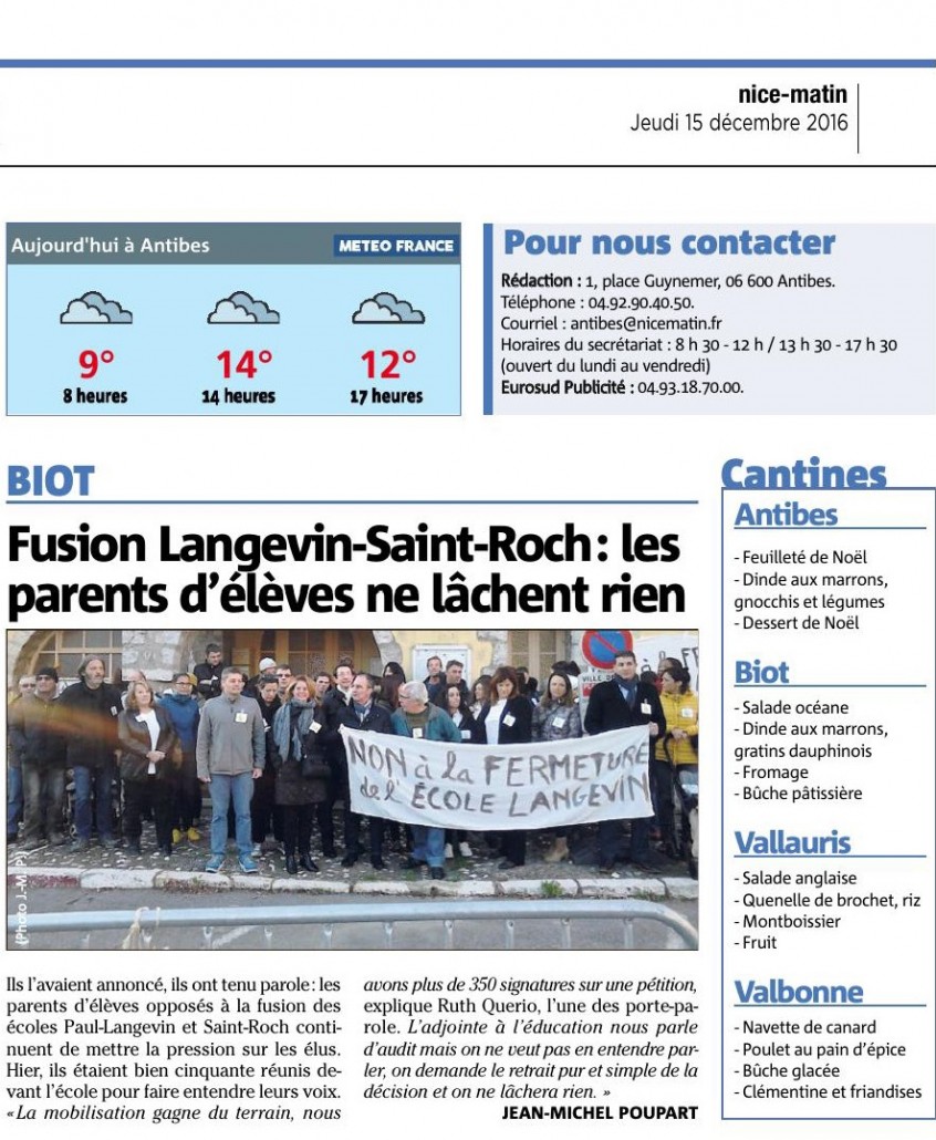 Ecole Langevin : Les parents d'élèves ne baissent pas la garde ! - Nice Matin 15/12/2016