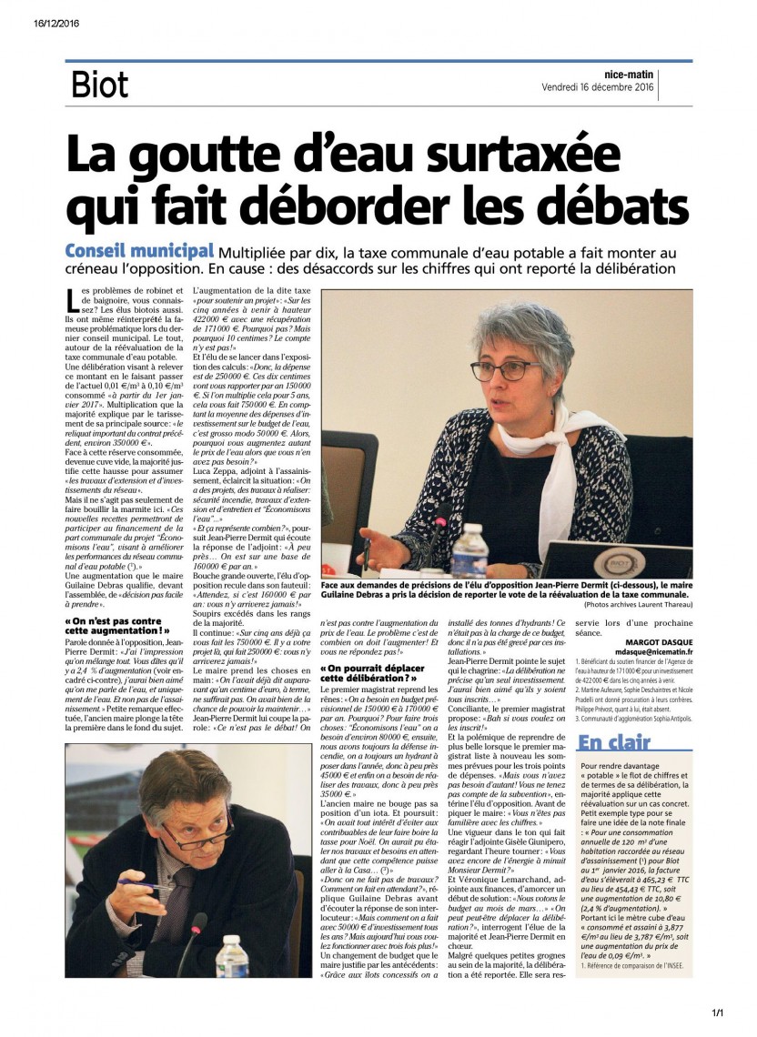 Madame Debras veut multiplier par dix la taxe communale d'eau potable! - Nice Matin 16/12/2016